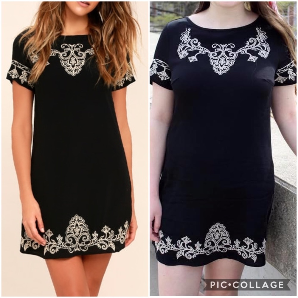 Lulu’s Beige & Black Embroidered Shift Dress